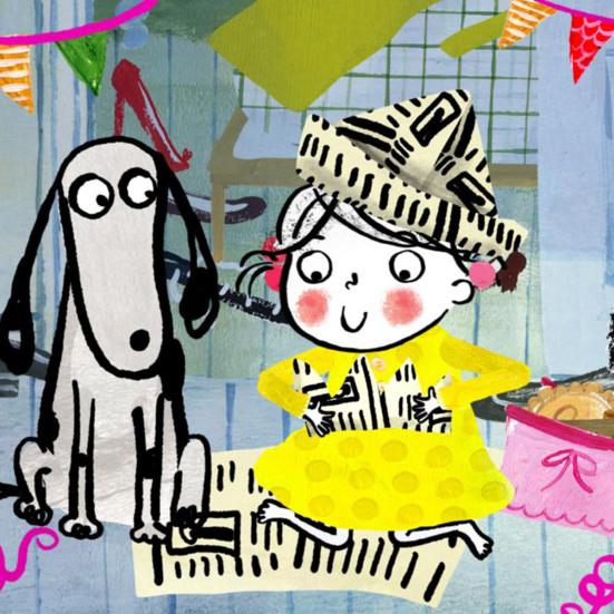 Hund og pige er klædt ud til fest