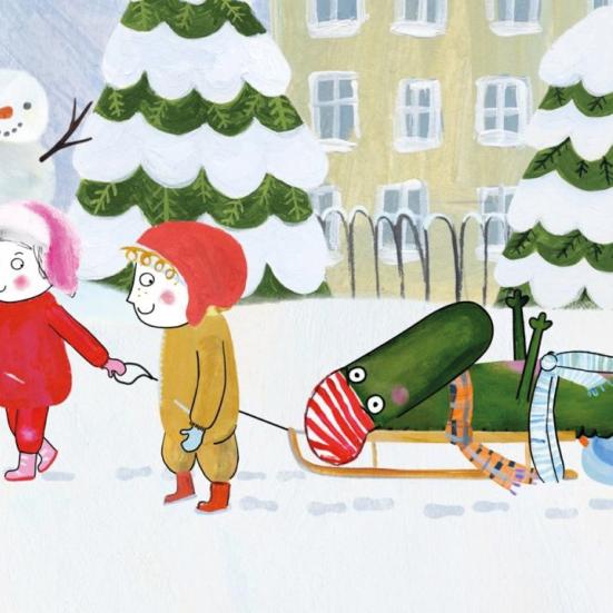 Børn med krokodille på kælk