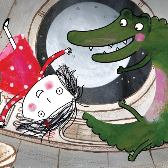 Pige og krokodille der triller rundt