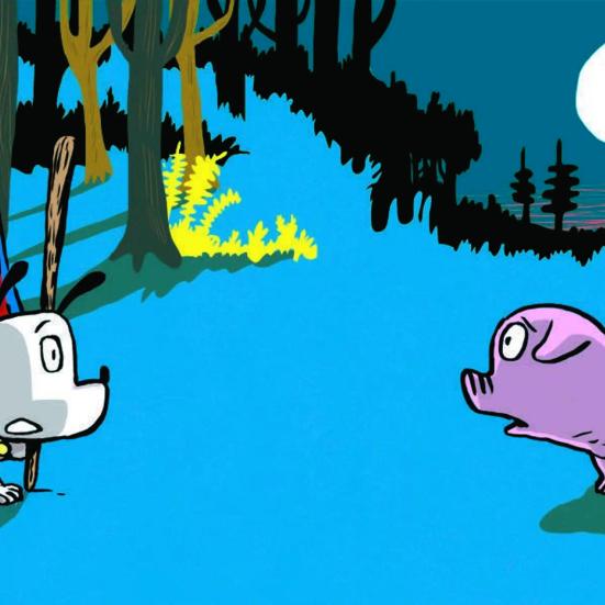 Hund i et telt og en gris