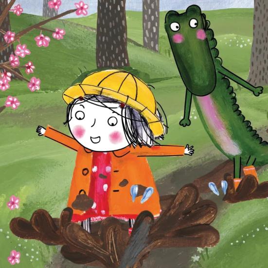 Pige og krokodille går i mudder