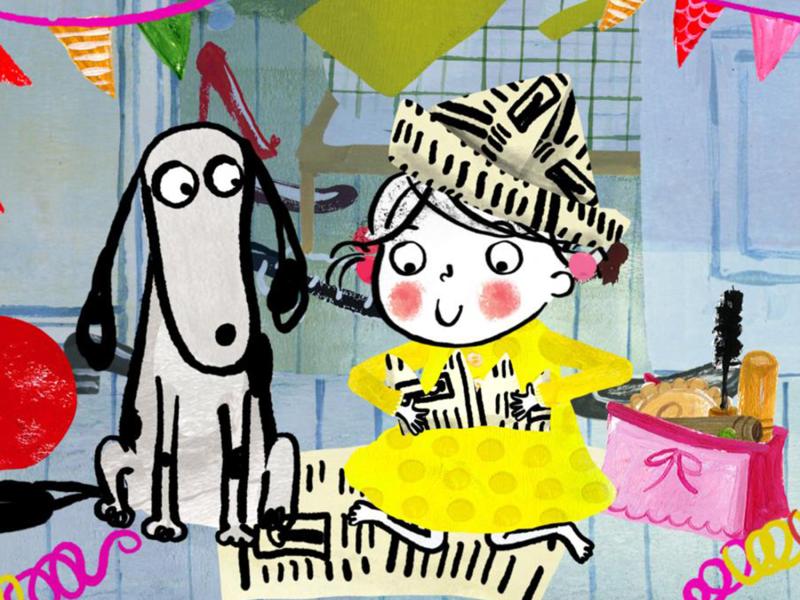 Hund og pige er klædt ud til fest
