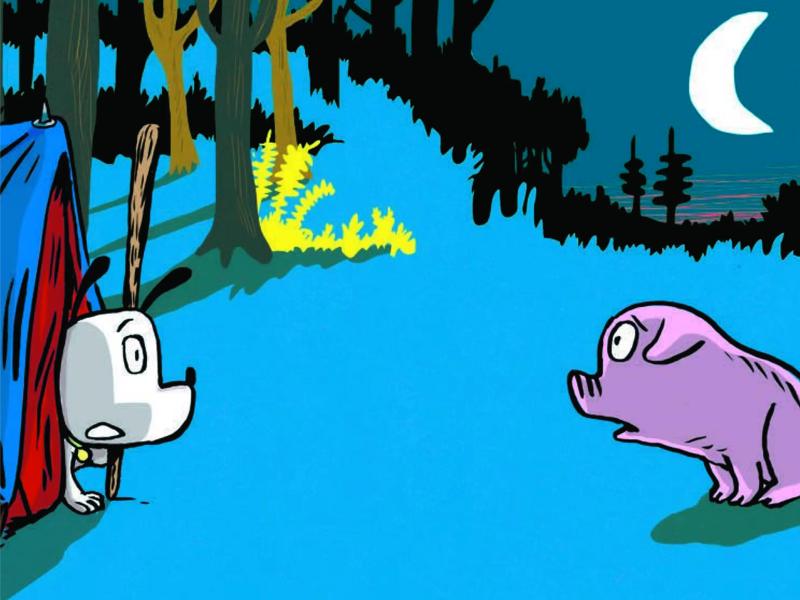 Hund i et telt og en gris