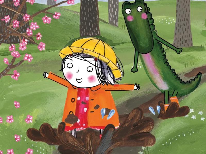 Pige og krokodille går i mudder