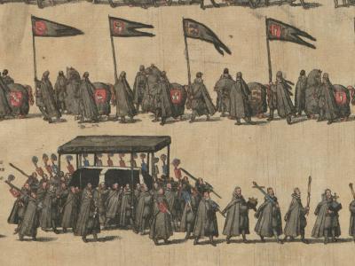 Frederik 2.s storslåede begravelsesoptog i Roskilde i 1588. Illustration fra bogen "Res Gestæ", 1589, Det Kgl. Bibliotek