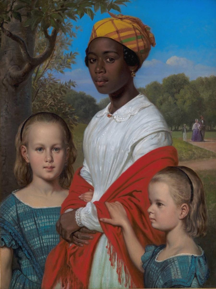 Maleri af V. Marstrand: Portræt af Otto Marstrands to døtre og deres vestindiske barnepige. Kilde SMK